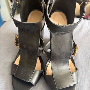 Andrea By Sadek Black Leather Heels with Gold Buckle